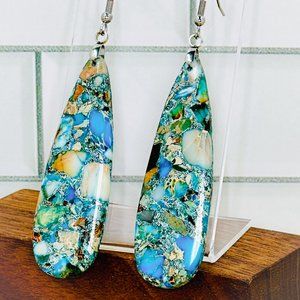 Ocean Blue Impression Jasper and Pyrite Teardrop Pendant Earrings